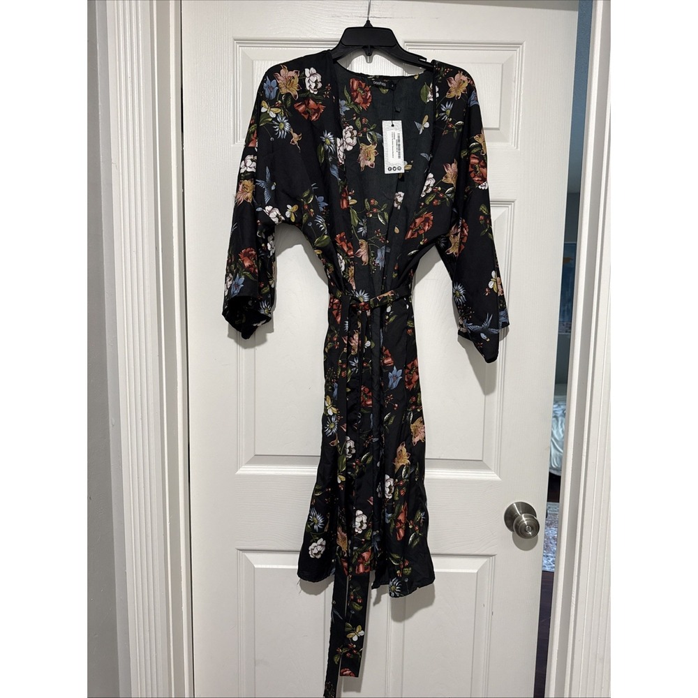 Boohoo Womens Floral Kimono Robe Black Satin Tie Waist DZZ30864-105-30